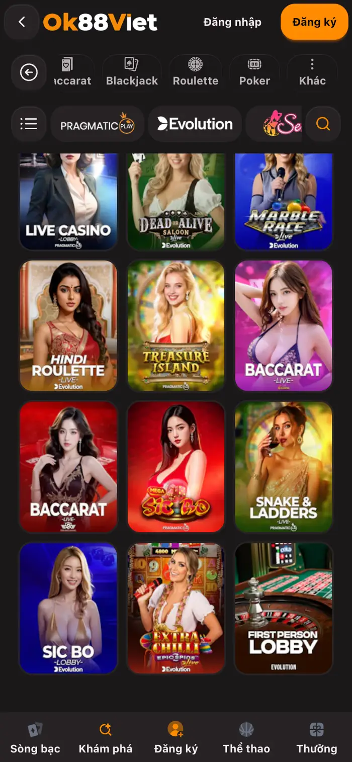 Danh sách sảnh baccarat và bàn trực tiếp trên OK88