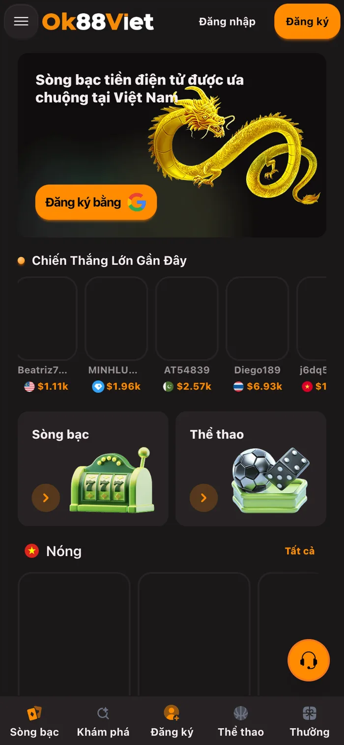 Đầu trang chủ OK88 khi chưa đăng nhập, với banner rồng vàng và dải Chiến Thắng Lớn Gần Đây