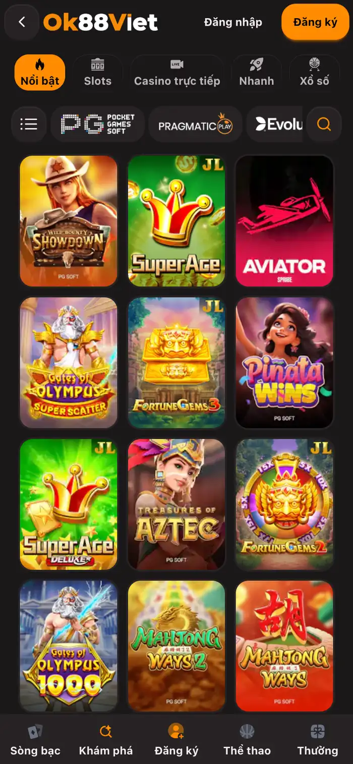 Lưới ô game của OK88 xếp ba ô mỗi hàng, tên hãng in ở góc dưới từng ô