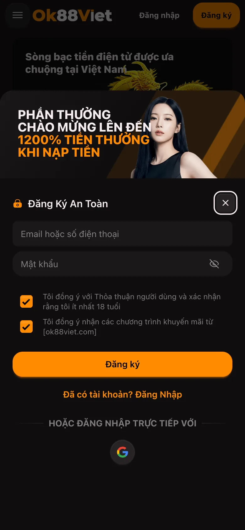 Bảng Đăng Ký An Toàn của OK88Viet với hai ô nhập liệu