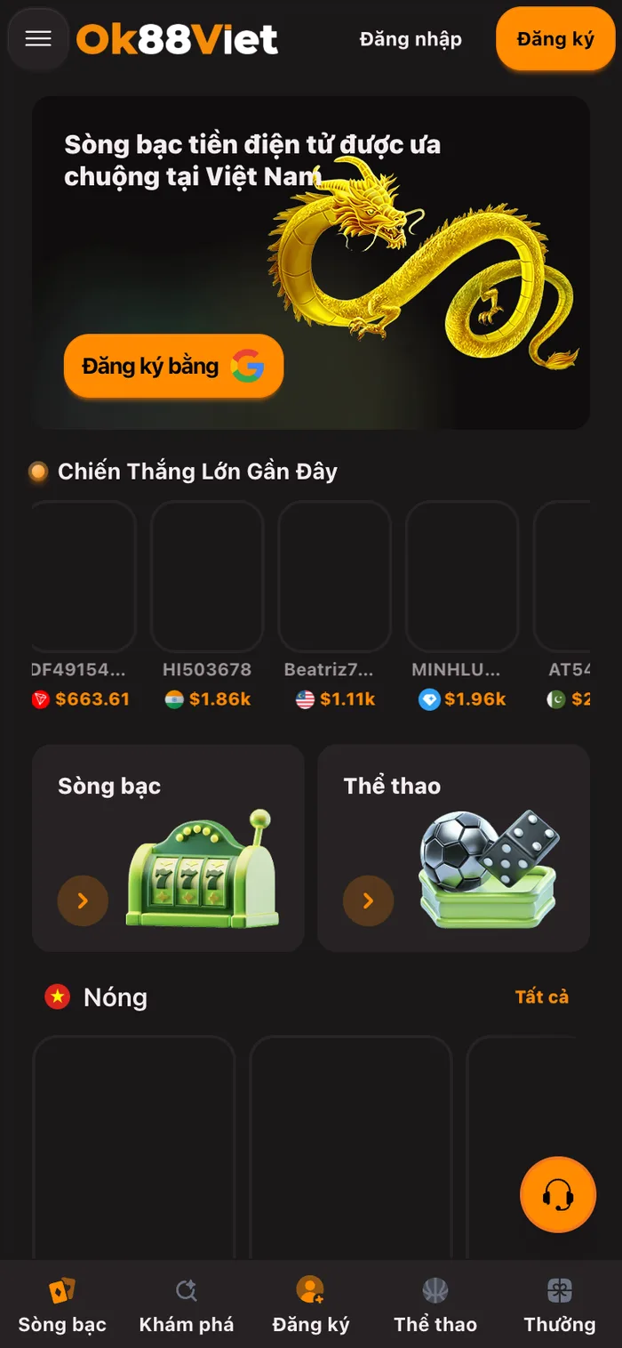 Trang chủ OK88 với banner rồng vàng và thanh năm ô Sòng bạc, Khám phá, Đăng ký, Thể thao, Thưởng ở đáy