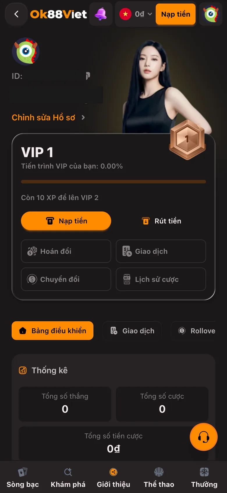 Trang hồ sơ OK88Viet ngay sau khi đăng ký: ô ID đã che, số dư 0đ và khối Thống kê toàn số 0