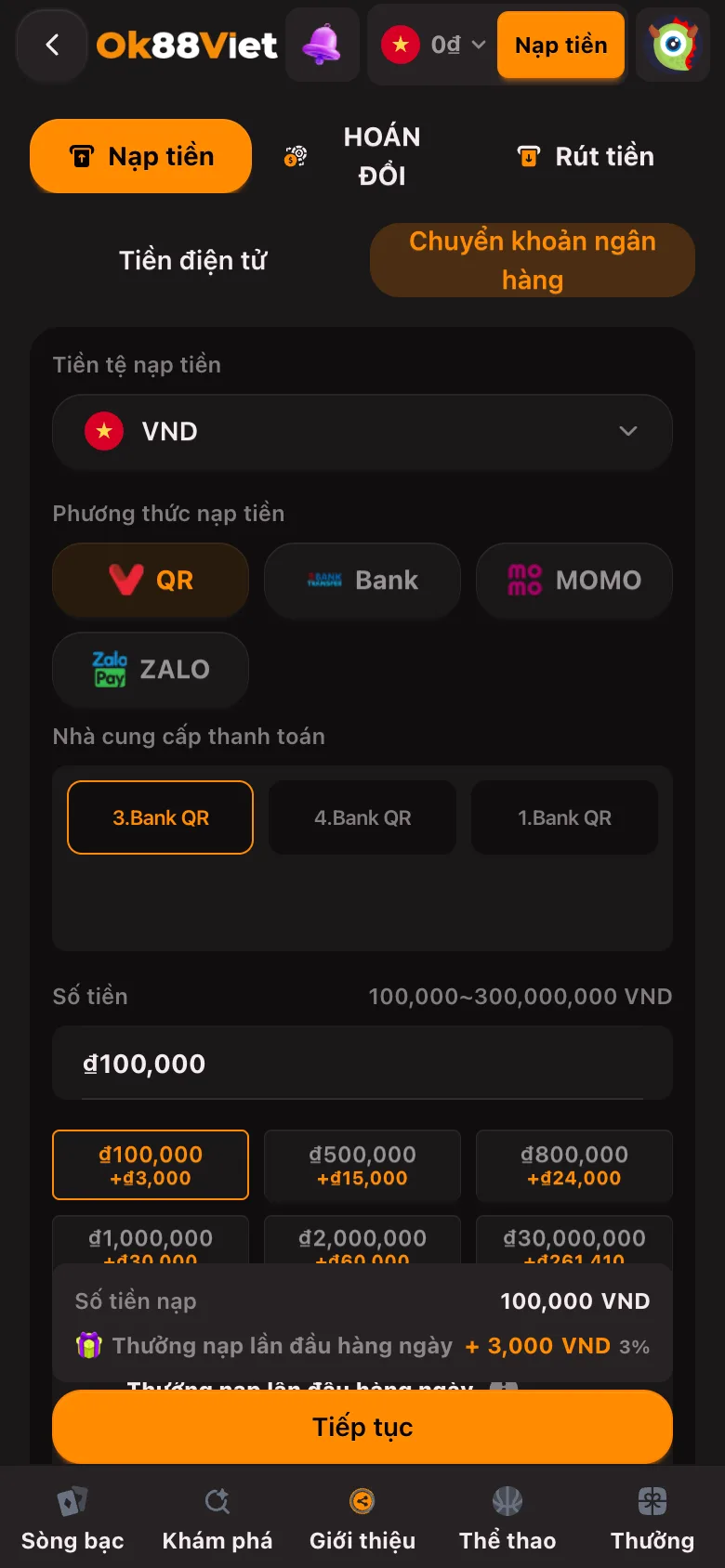 Màn hình nạp VND của OK88Viet với các phương thức QR, Bank, MOMO và ZALO