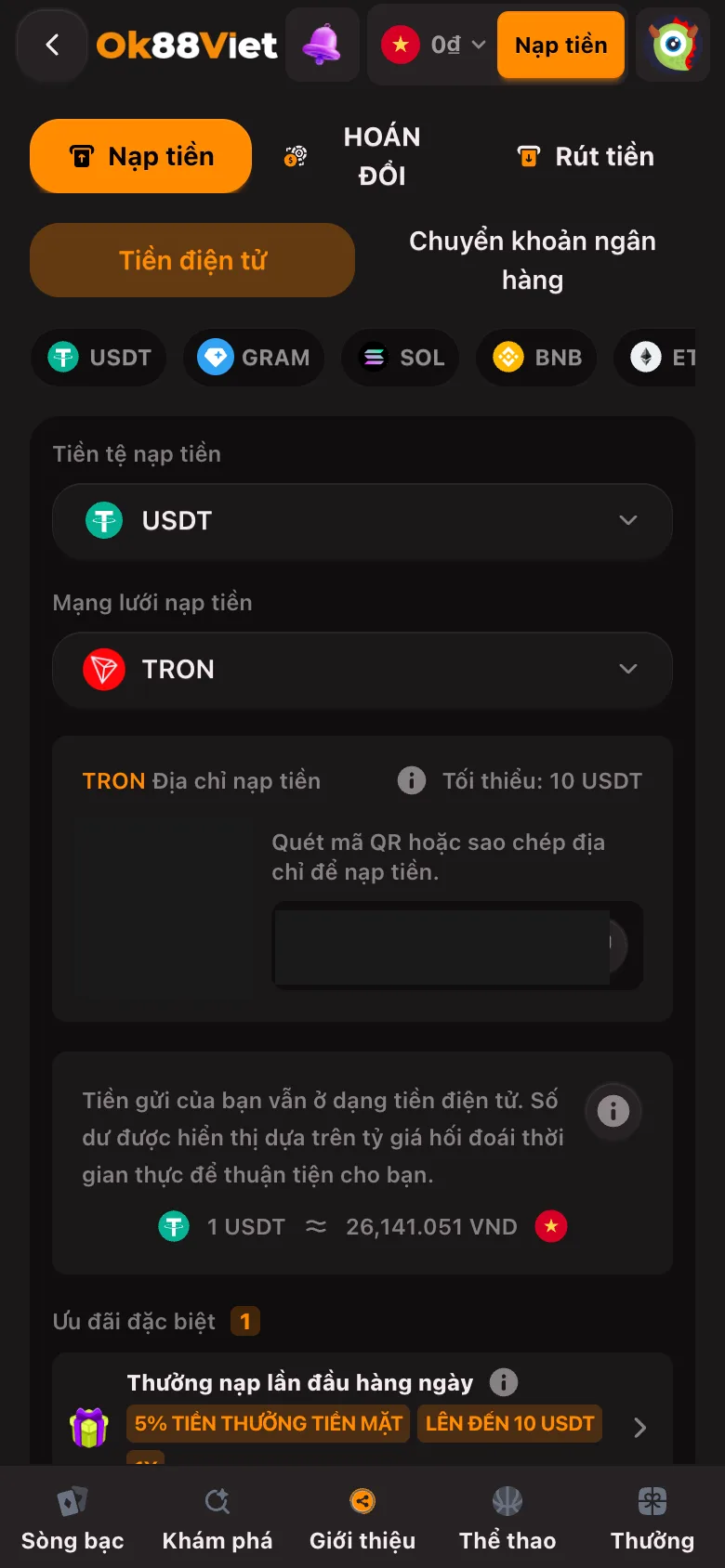 Màn hình nạp USDT của OK88Viet với ô chọn mạng lưới TRON và mức tối thiểu