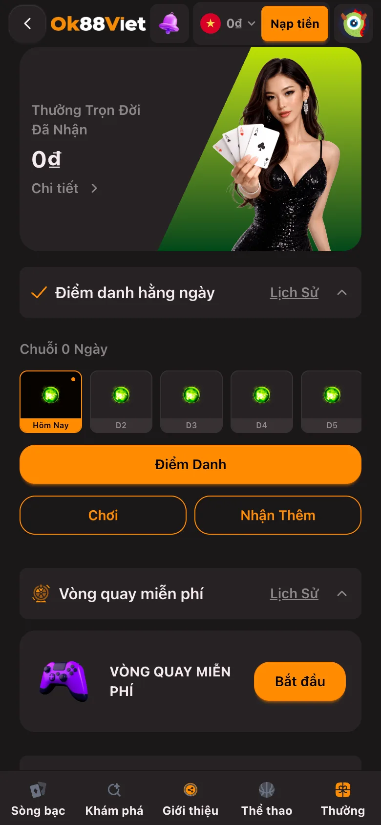 Trang thưởng OK88Viet với lịch điểm danh 30 ngày và các thẻ ưu đãi