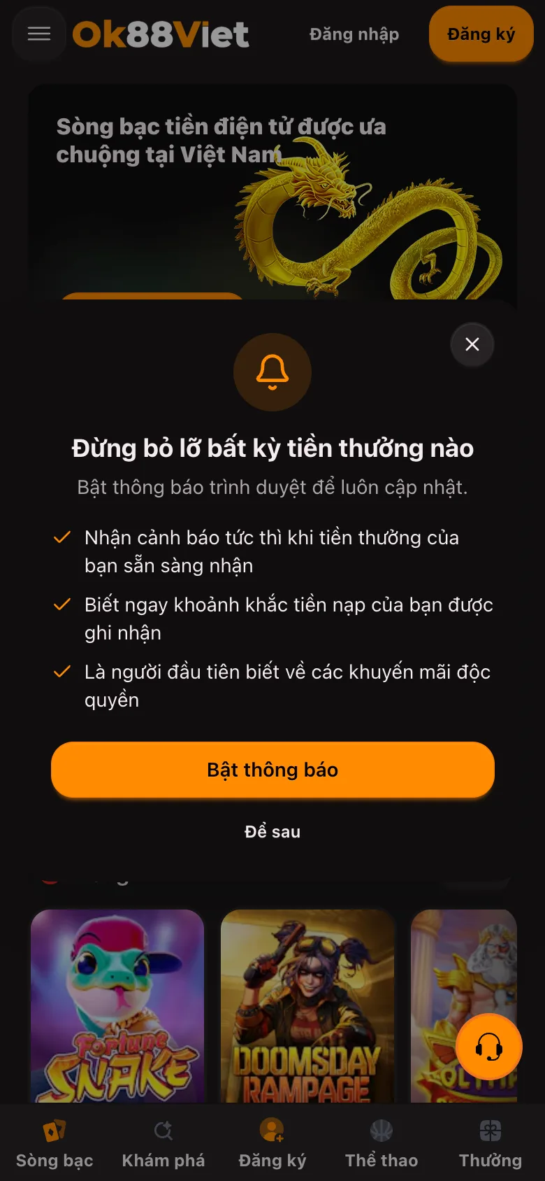 Trang chủ OK88Viet trên điện thoại với hai nút tài khoản